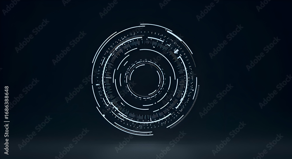 Poster abstract glowing circular graphic design with concentric rings and lines, in a dark studio setting. 
