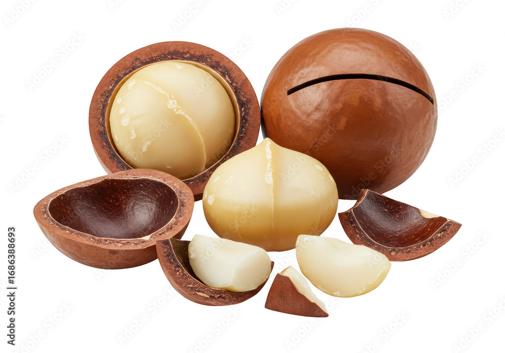 Aufkleber macadamia nuts in shell and shelled isolated on transparent background
