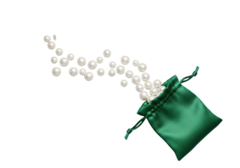 White iridescent pearls of various sizes spilling from an open deep emerald green silk jewelry pouch on a clean transparent background, slightly high angle, no shadows, luxury product photography