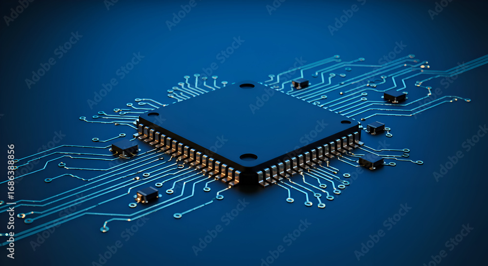 Poster modern microprocessor chip on circuit board with intricate wiring. high-tech electronic component di