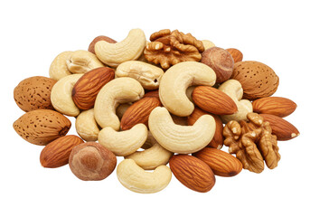 Fototapeta premium Pile of mixed nuts including almonds, cashews, and walnuts isolated on white isolated on transparent background