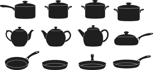 Kitchen cookware set, black silhouette icons, cooking pots, frying pans, teapots, kitchen utensils, cookware collection, home cooking essentials, kitchen tools