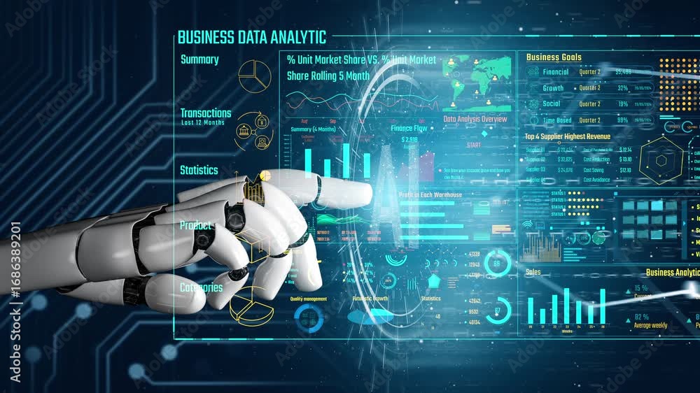 Poster ai artificial intelligence drives data analytics with predictive models, smart dashboards, and virtu