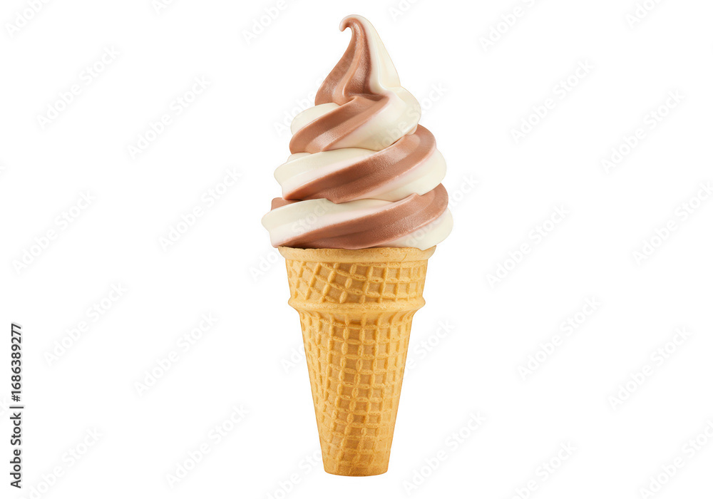 Poster chocolate and vanilla soft serve ice cream cone isolated on transparent background