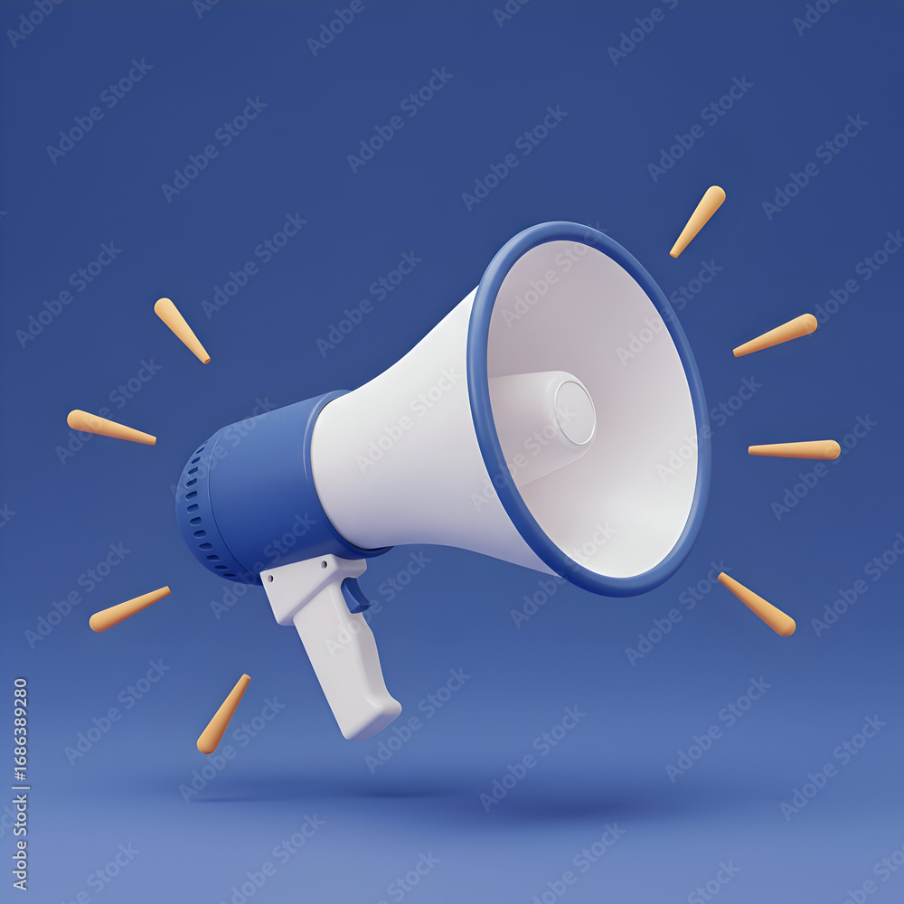 Poster blue and white megaphone in a simple 3d studio setting. modern megaphone positioned angled in a stud