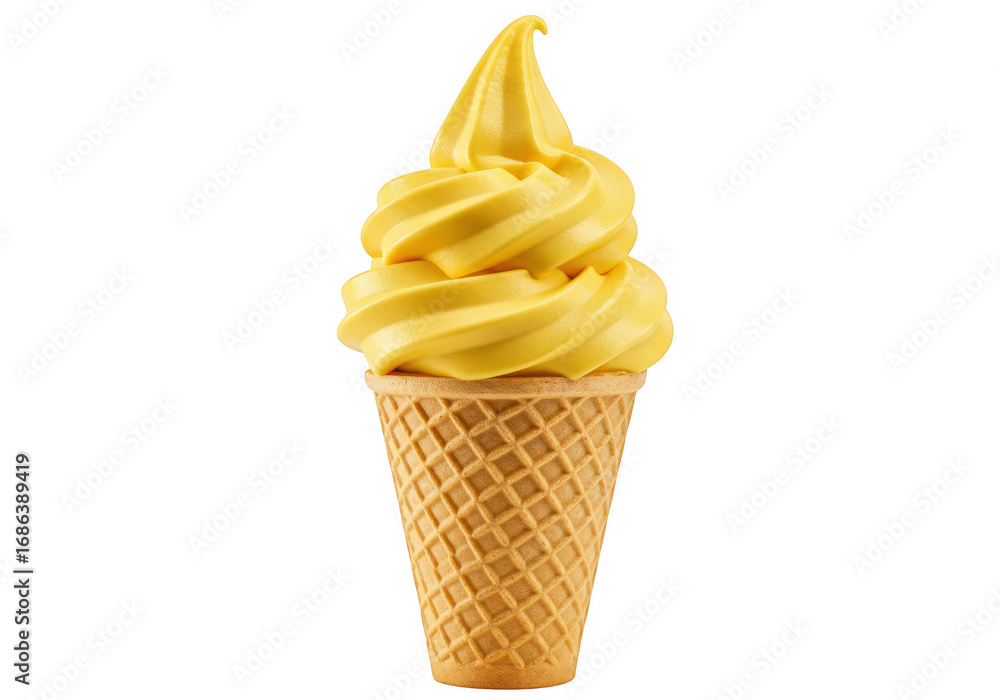 Poster yellow soft serve ice cream in a waffle cone isolated on transparent background