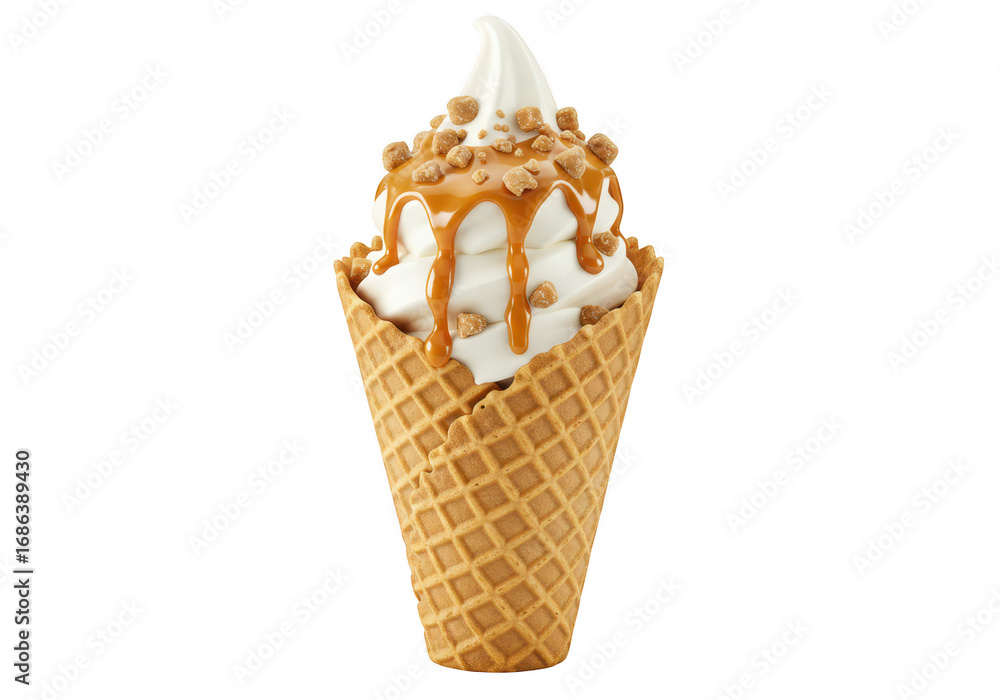 Poster soft serve ice cream with caramel and nuts isolated on transparent background