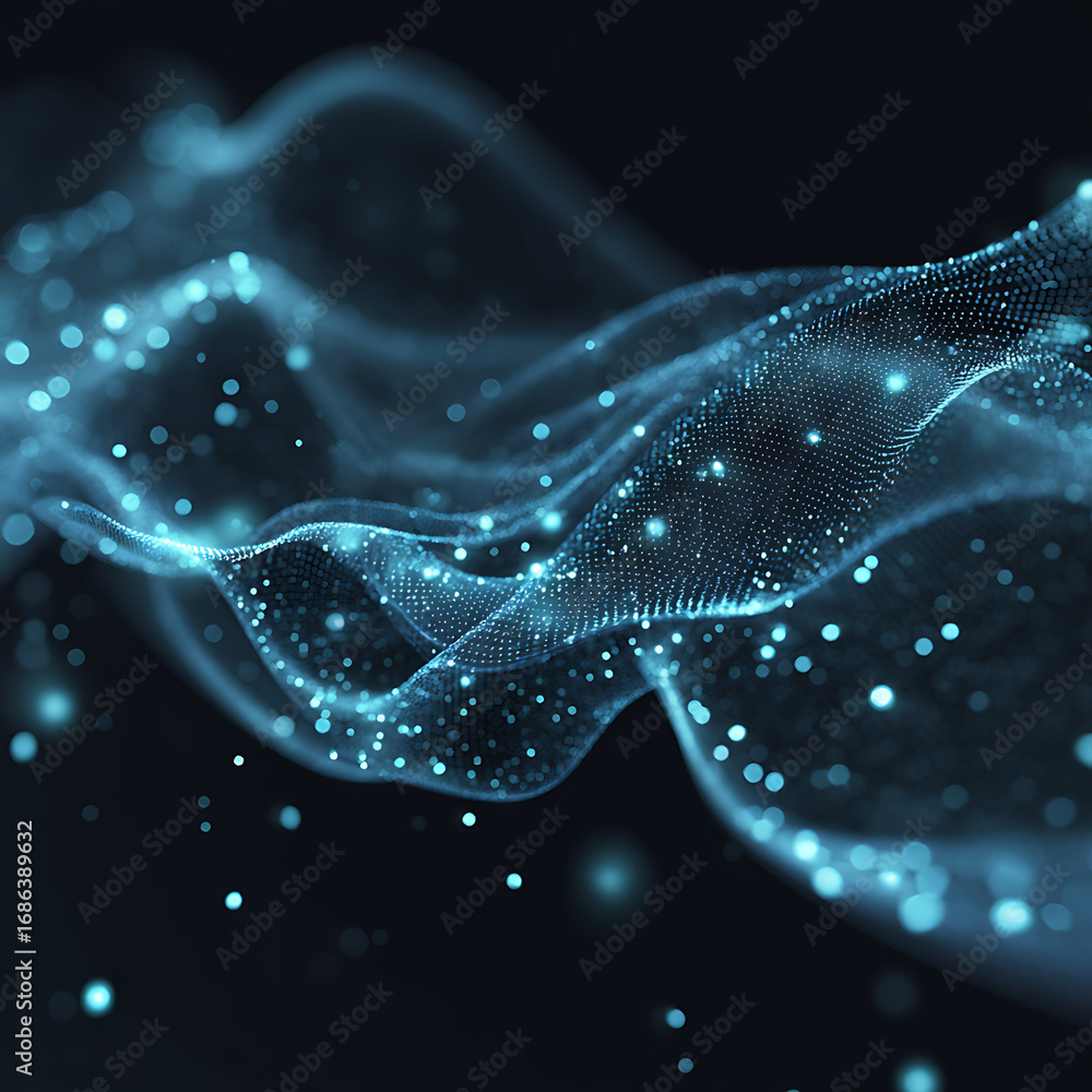 Poster dynamic glowing blue abstract particles forming elegant waves and flowing data streams in digital sp