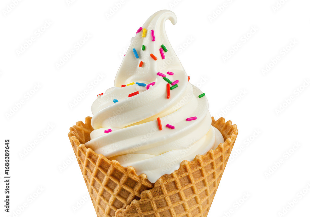 Poster vanilla soft serve ice cream cone with colorful sprinkles isolated on transparent background