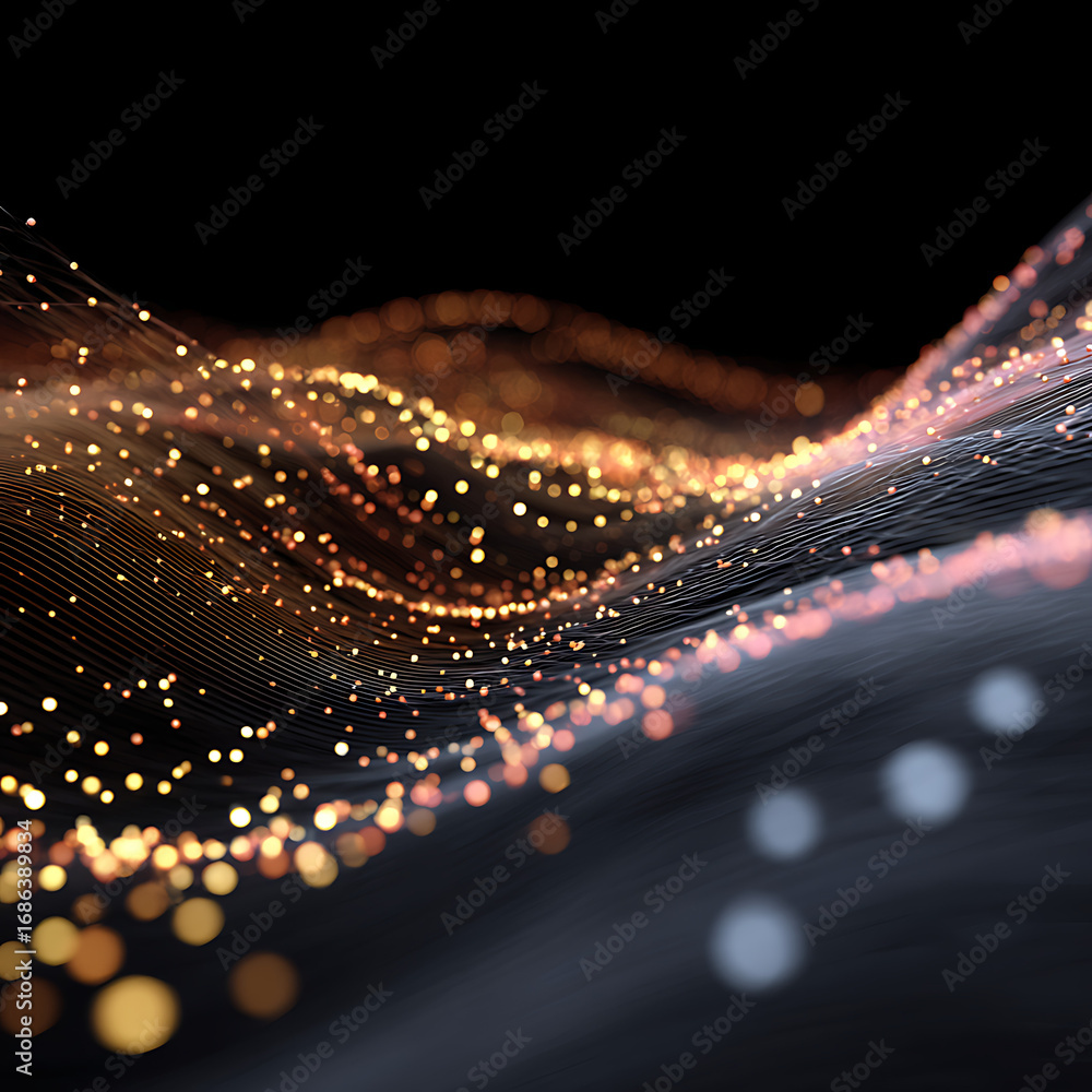 Poster stunning abstract waves of golden light particles flow through dark digital lines, creating a vibran