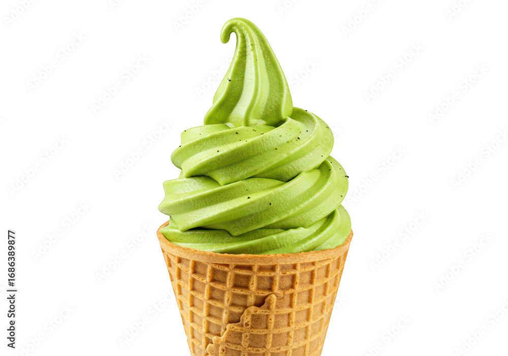 Poster green soft serve ice cream in a waffle cone isolated on transparent background