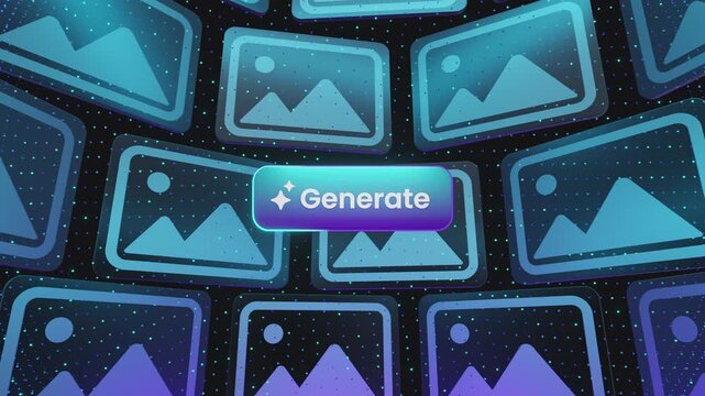 AI image generation concept showing a glowing Generate button surrounded by multiple image icons, symbolizing smart creativity, digital automation, and futuristic content creation.