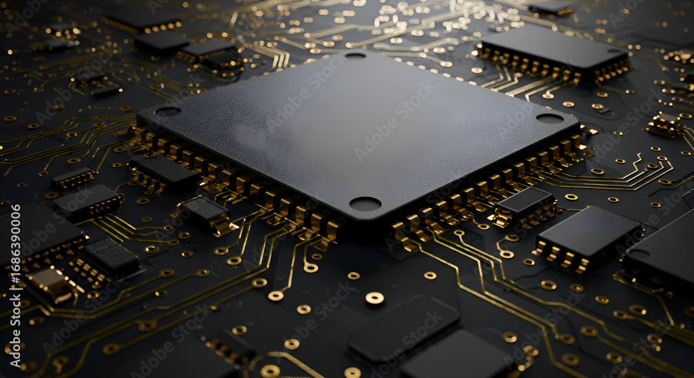Poster close-up view of a high-tech circuit board with central processing unit components in black and gold