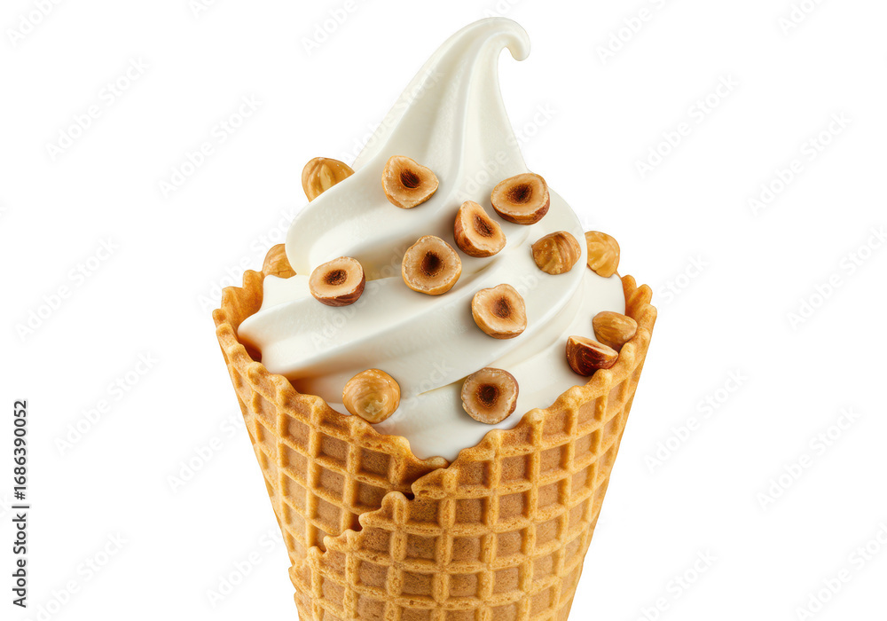 Poster soft serve ice cream with hazelnuts in a waffle cone isolated on transparent background