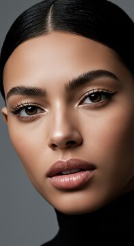 Close Up Portrait of Woman with Makeup and Slicked Back Hair