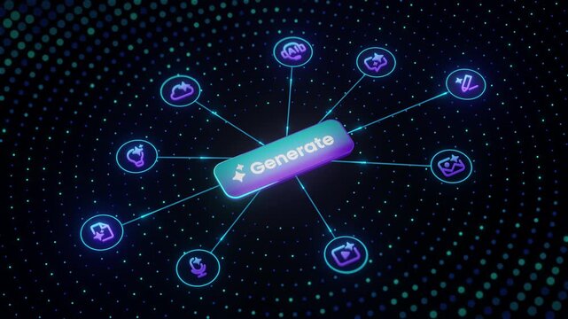 Top view of glowing Generate button surrounded by AI tool icons in circular layout, representing content automation, digital creation, and smart technology platform interface.