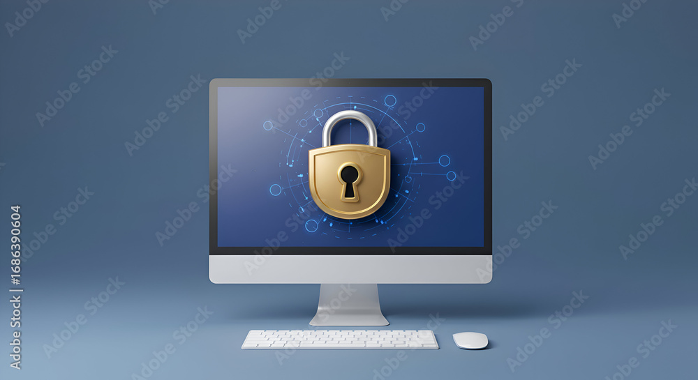 Fototapete gold padlock displayed on computer monitor screen with abstract digital graphic elements. modern com