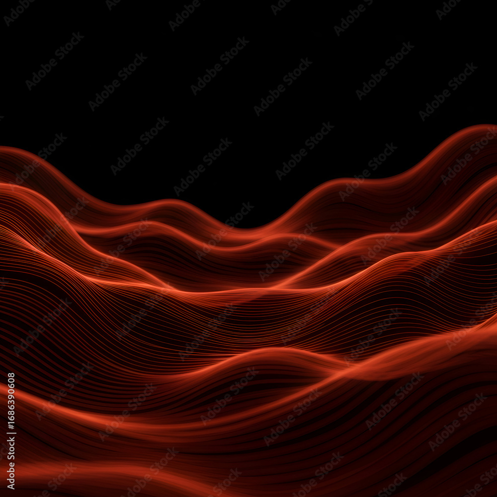 Poster abstract wavy lines of glowing red in a dark background. dynamic pattern with a modern, futuristic f