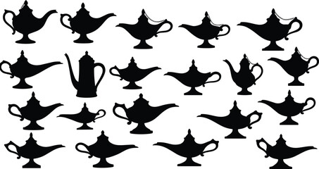 Magic lamp silhouettes, genie oil lamp vector, antique teapots collection, vintage Aladdin lamp design, mystical eastern Arabian decor illustration