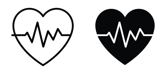 Heartbeat and Heart Icon Set Outline and Solid Fill pulse cardiogram
