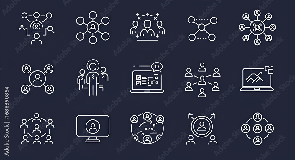 Poster Collection of diverse organizational charts/network diagrams with various people groups in different configurations. Various team/group actions represented across a dark backdrop.