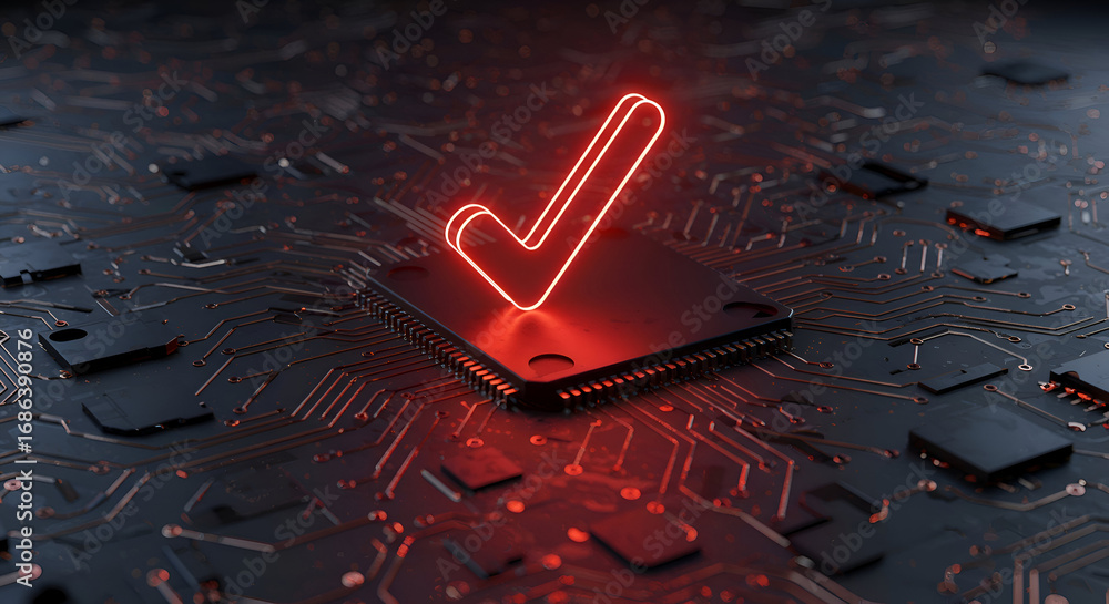 Poster red neon check mark graphic on a circuit board. a glowing confirmation mark over a computer circuit 