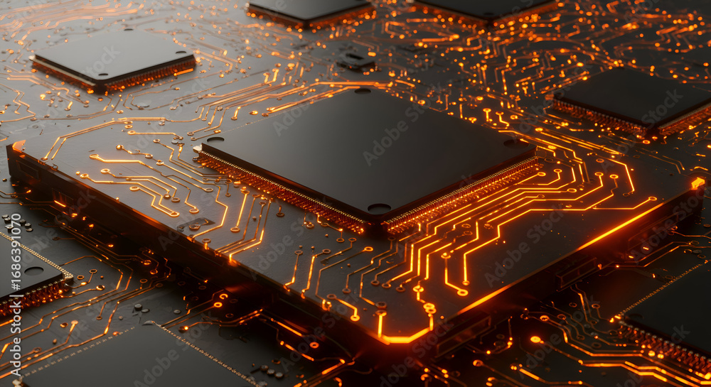 Aufkleber abstract close-up of glowing circuit board with orange/gold highlighted components. complex network 