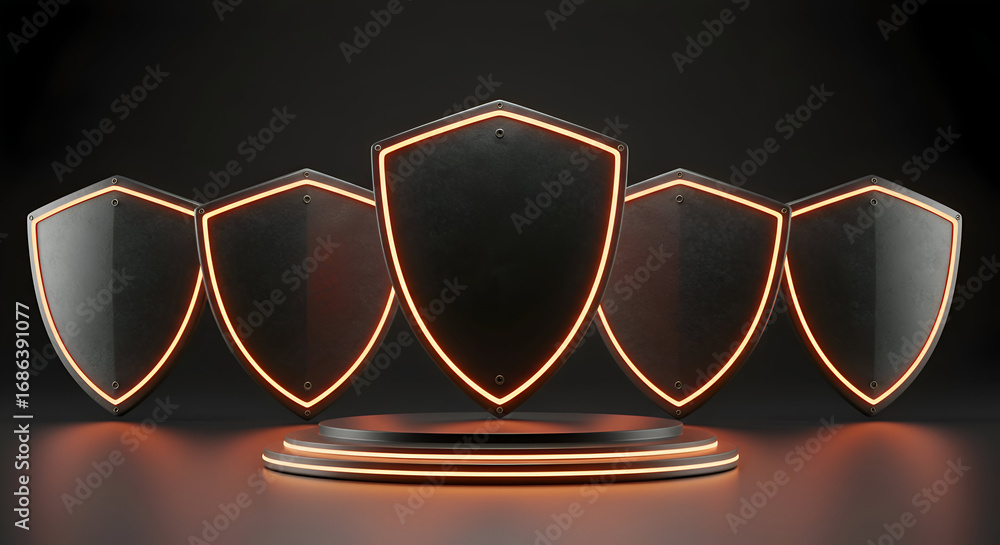 Poster dark metallic shields with glowing orange outlines on a dark pedestal. empty display shields in a st