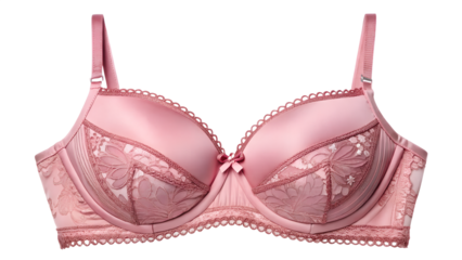 Elegant pink push up bra with intricate lace details and satin finish isolated on transparent background.