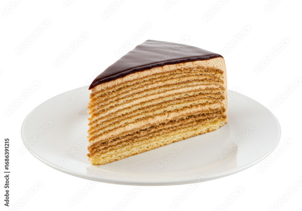 Poster slice of layered cake with chocolate frosting isolated on transparent background