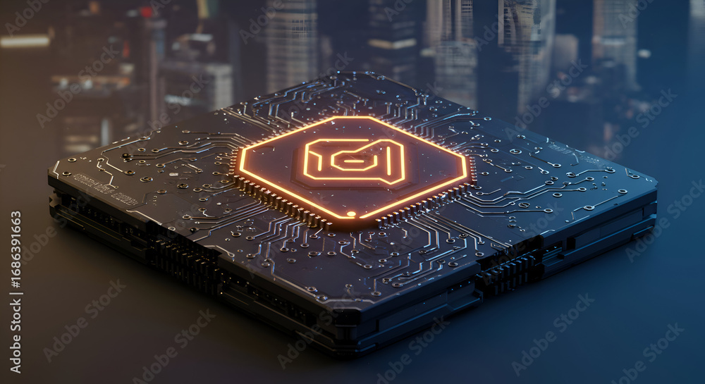 Poster modern circuit board with glowing processor chip in urban setting. close-up view of detailed tech co