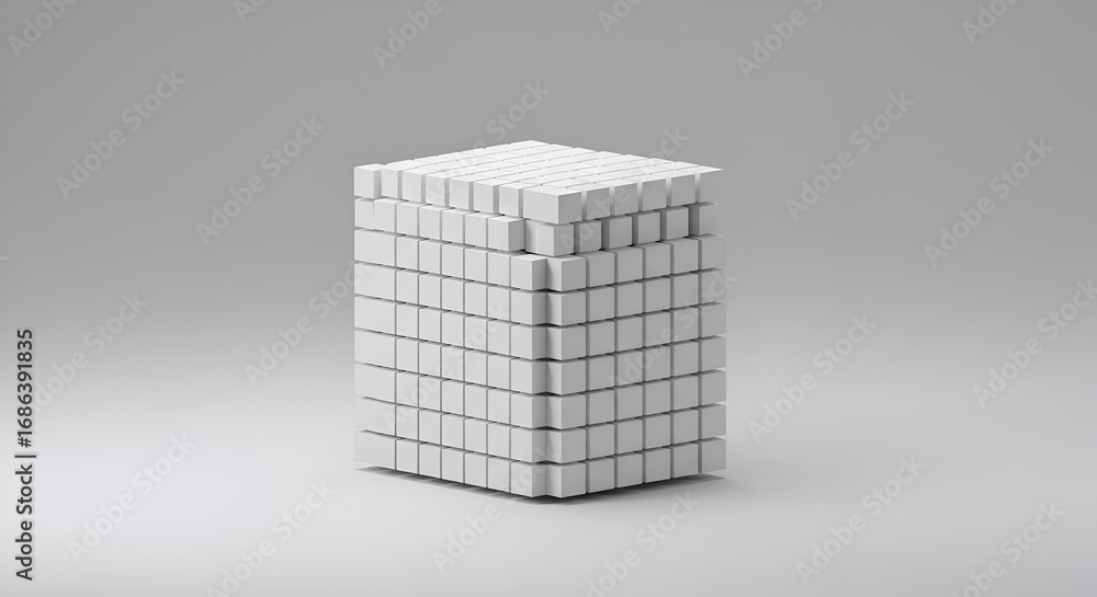 Poster abstract white cube structure in studio setting. organized, three-dimensional form against a neutral