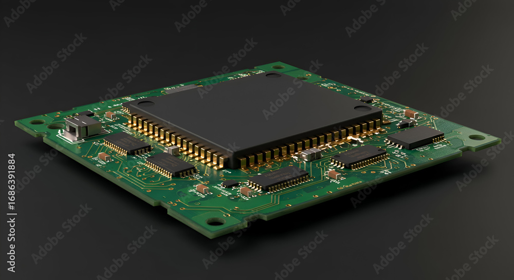 Poster a detailed circuit board with a central processor chip angled on a dark background. electronic compo