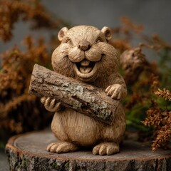 Obraz premium Happy beaver figurine holding wood