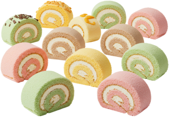 Assorted colorful swiss rolls sweet pastry dessert food photography