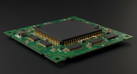 A detailed circuit board with a central processor chip angled on a dark background. Electronic components and intricate wiring are visible.