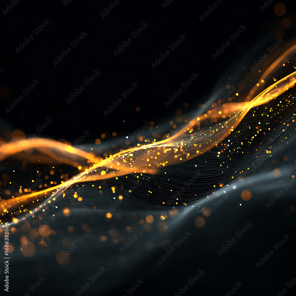 Poster dynamic golden energy waves with glowing particles create a mesmerizing, futuristic, and abstract mo