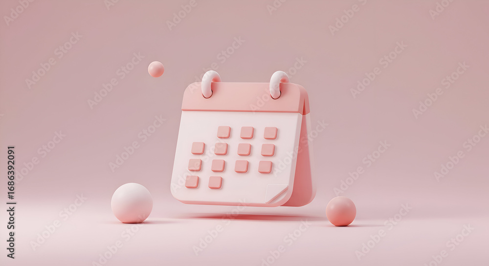 Poster pink calendar icon with floating spheres in a minimalist setting. stylish, 3d rendered icon in a neu