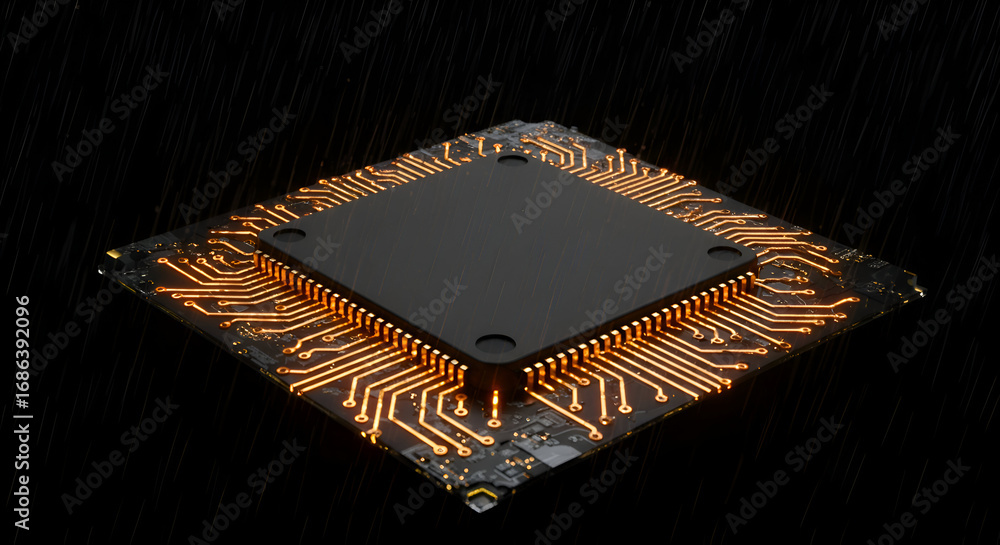 Poster modern computer circuit board with glowing copper traces in a dark, rain-streaked setting. close-up 