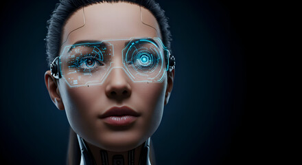 Female cyborg with futuristic eye glasses displaying digital information, serene expression against a dark studio backdrop. Engineer in high-tech workspace. futuristic setting.