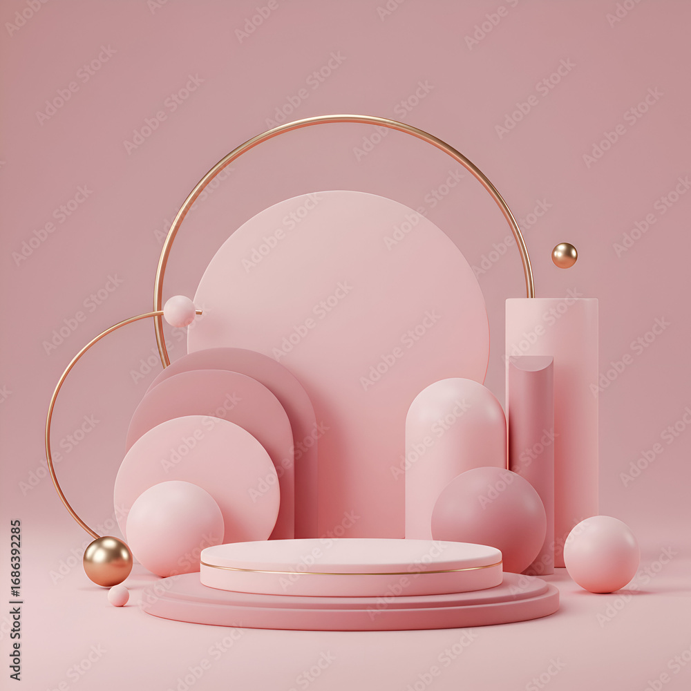 Poster pink geometric shapes in a minimalist display setting. abstract forms arranged on a pastel pink surf