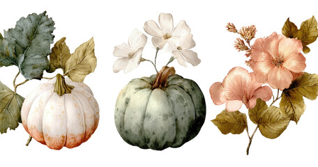 Autumnal gourds and flowers in a horizontal arrangement