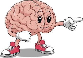 Cartoon brain character walking, motivational message, think big quote, creative mascot illustration, brain in sneakers, educational, inspiration concept, vector