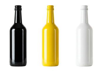 Three bottles black yellow white transparent background mockup