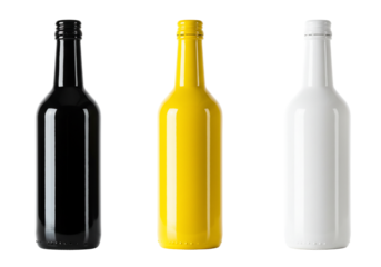 Three bottles black yellow white transparent background mockup