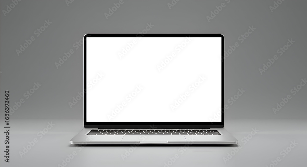 Poster modern laptop computer in a neutral gray studio setting. device with blank screen displays functiona