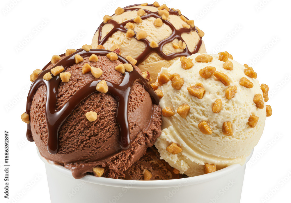Poster three scoops of ice cream with chocolate and nuts isolated on transparent background