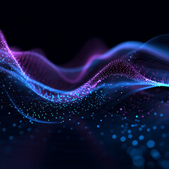 Dynamic digital wave of glowing particles and abstract lines creating vibrant futuristic data flow