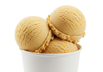 Three scoops of caramel ice cream in a cup isolated on transparent background