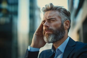Bearded businessman experiencing a stressful headache outside a modern office, reflecting the challenges of balancing work and well-being in a fast-paced professional environment, Generative AI